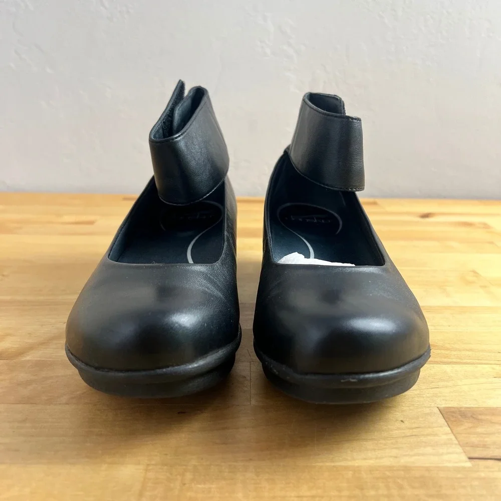 Dansko Shoes Lulu Size 37 Black Leather Ankle Strap Wedge Mary Jane Hook Loop